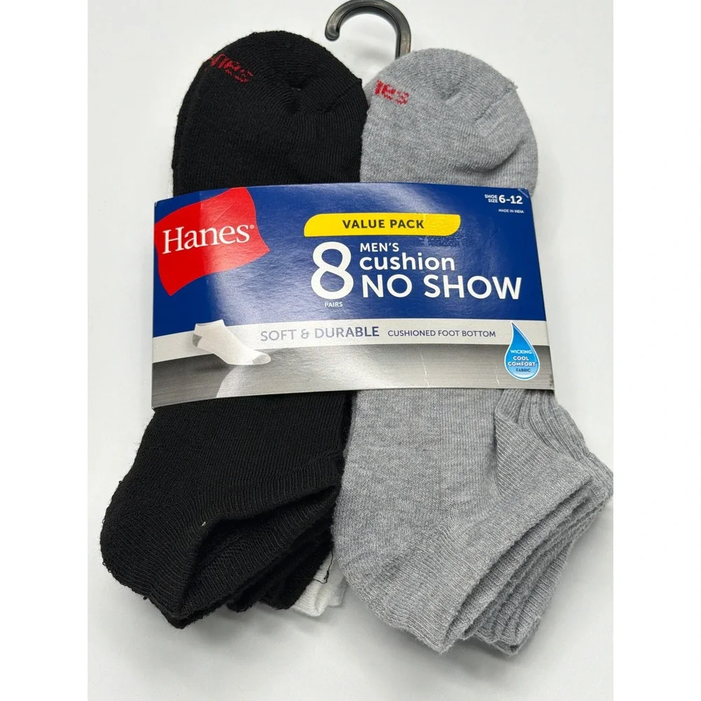 Hanes Mens 8 Pairs Value Cushion No Show‎ Socks Soft Durable Comfort Size 6-12